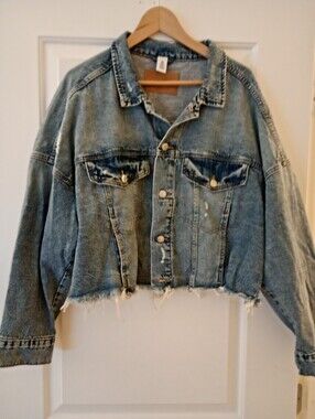 &Denim | Cropped Distressed Oversized Denim Jacket | XL